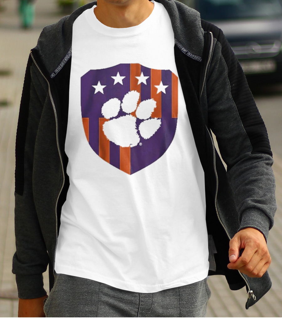 Clemson United Paw Print Shield With Four Stars Orange And Purple T-Shirt