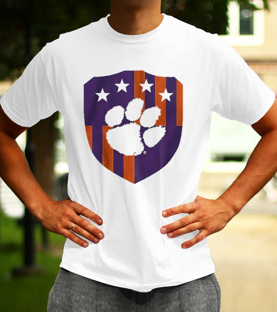 Clemson United Paw Print Shield With Four Stars Orange And Purple T-Shirt