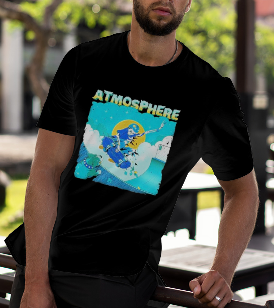 ATMOSPHERE Skateboarding Skeleton Dog Ramp Peace Sign T-Shirt