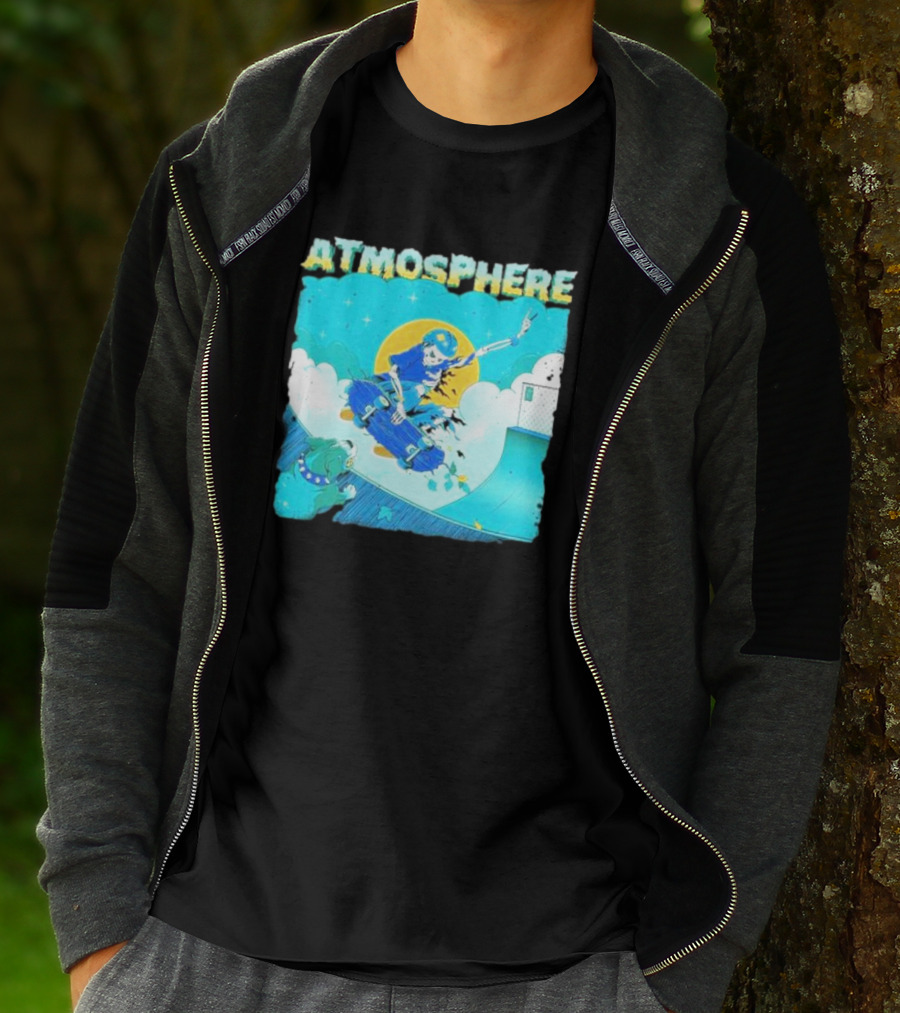 ATMOSPHERE Skateboarding Skeleton Dog Ramp Peace Sign T-Shirt
