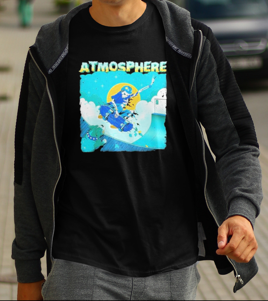 ATMOSPHERE Skateboarding Skeleton Dog Ramp Peace Sign T-Shirt