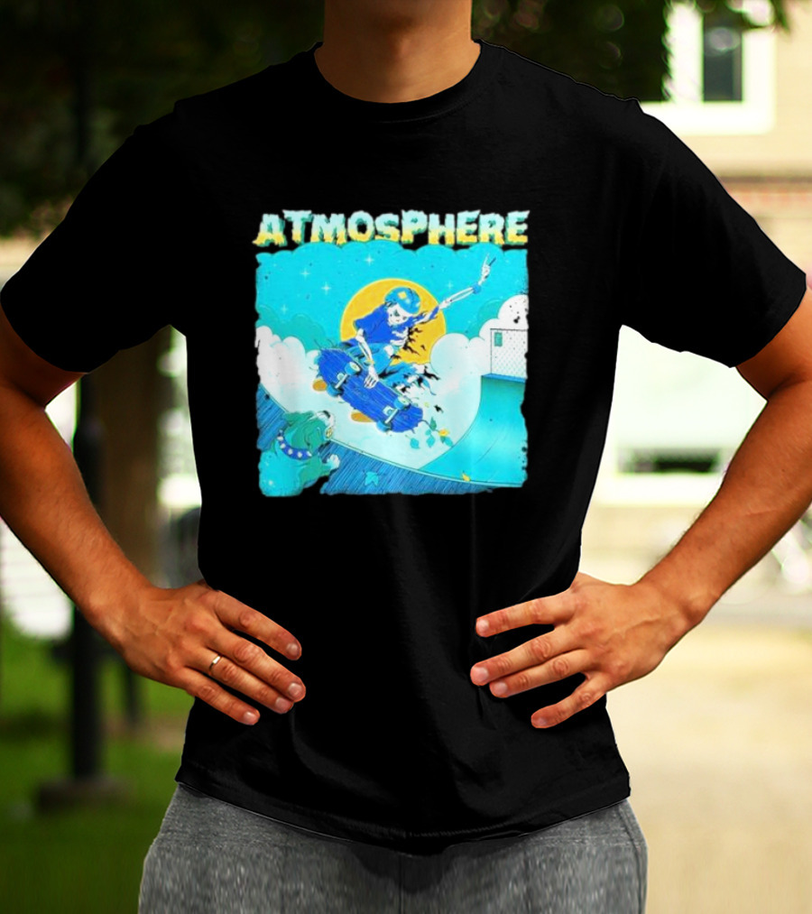 ATMOSPHERE Skateboarding Skeleton Dog Ramp Peace Sign T-Shirt