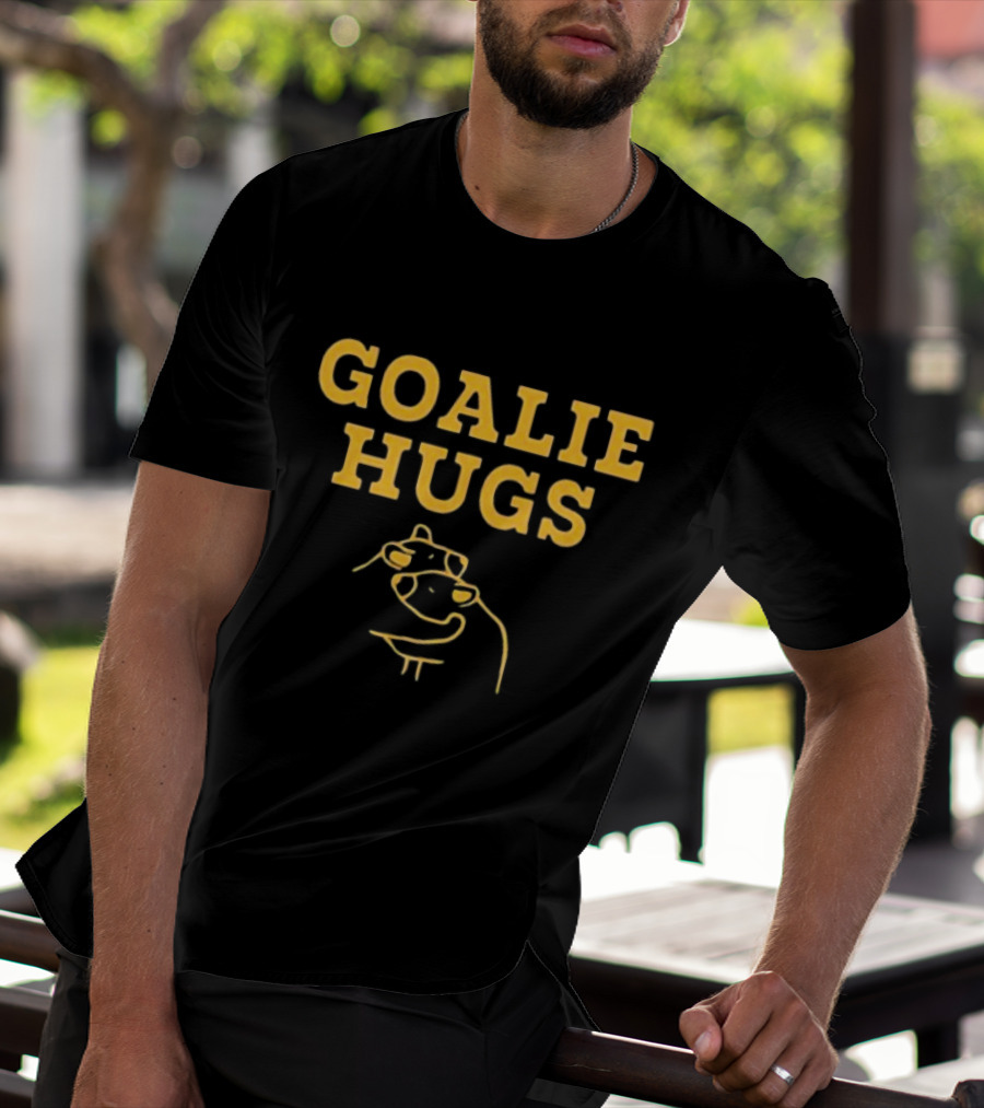 Boston Goalie Hugs Yellow Text With Embrace Outline T-Shirt