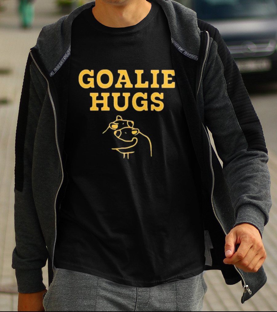 Boston Goalie Hugs Yellow Text With Embrace Outline T-Shirt