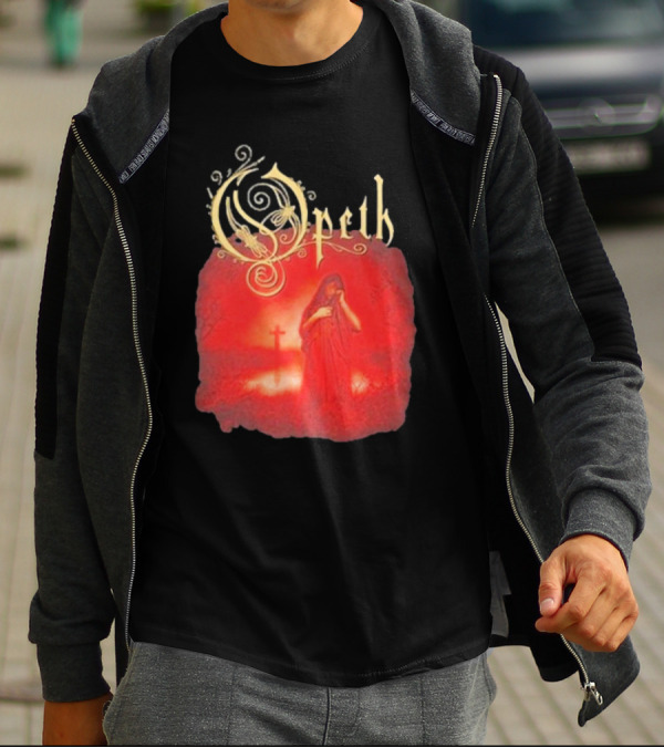 Opeth Still Life Gothic Red Cloaked Figure And Cross T-Shirt