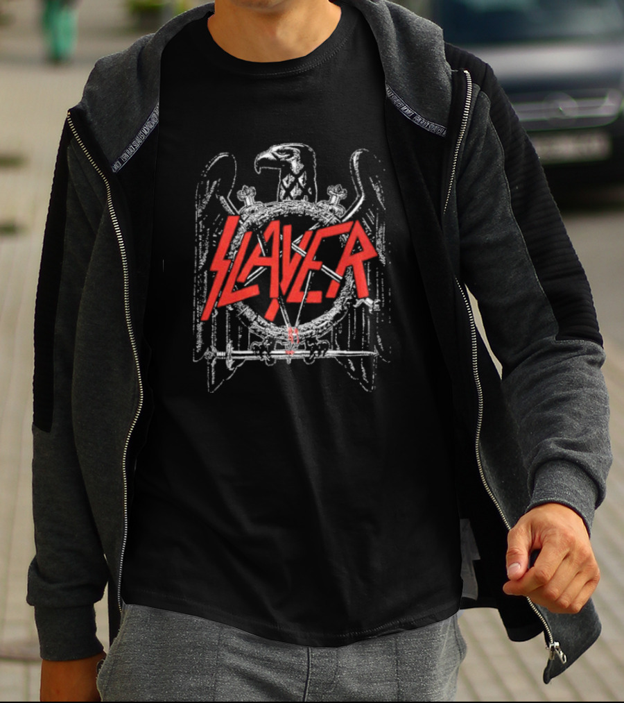 Slayer Black Eagle Logo With Red Text And Crossed Swords T-Shirt