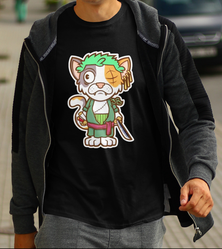 Roronoa Lingling Cat Pirate Anime Character Sword Green Hair Eye Patch T-Shirt