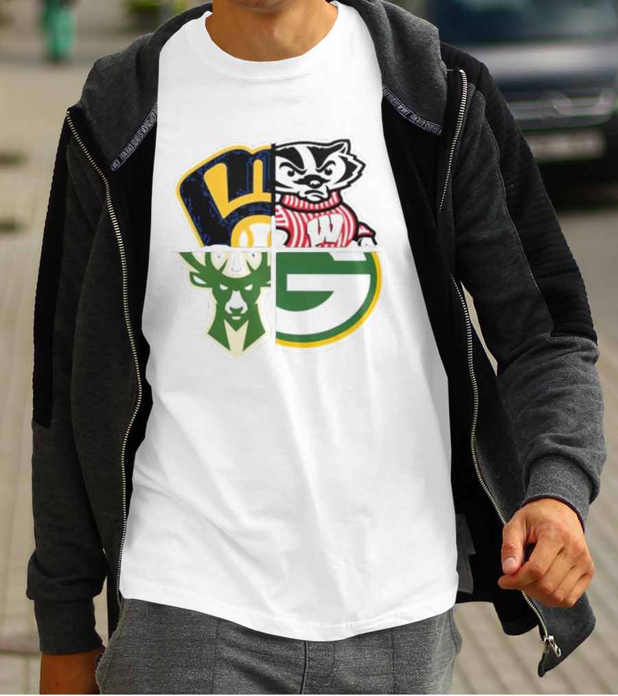 Milwaukee Brewers Packers Badgers Bucks Wisconsin Sports Quad T-Shirt
