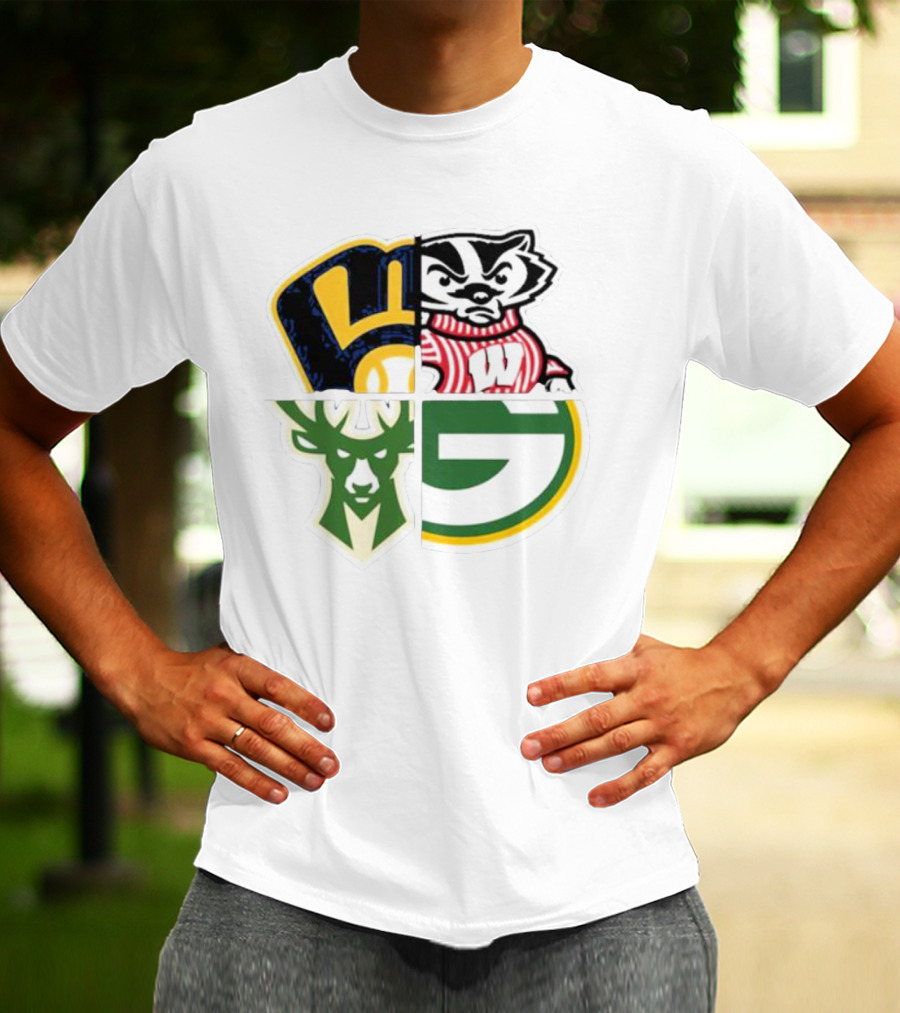 Milwaukee Brewers Packers Badgers Bucks Wisconsin Sports Quad T-Shirt