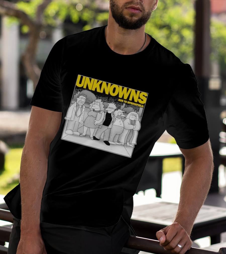 Unknowns Bus To Springfield Cartoon Characters In Black And White Scene T-Shirt