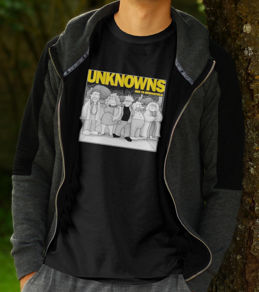 Unknowns Bus To Springfield Cartoon Characters In Black And White Scene T-Shirt