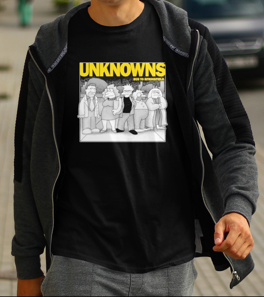 Unknowns Bus To Springfield Cartoon Characters In Black And White Scene T-Shirt