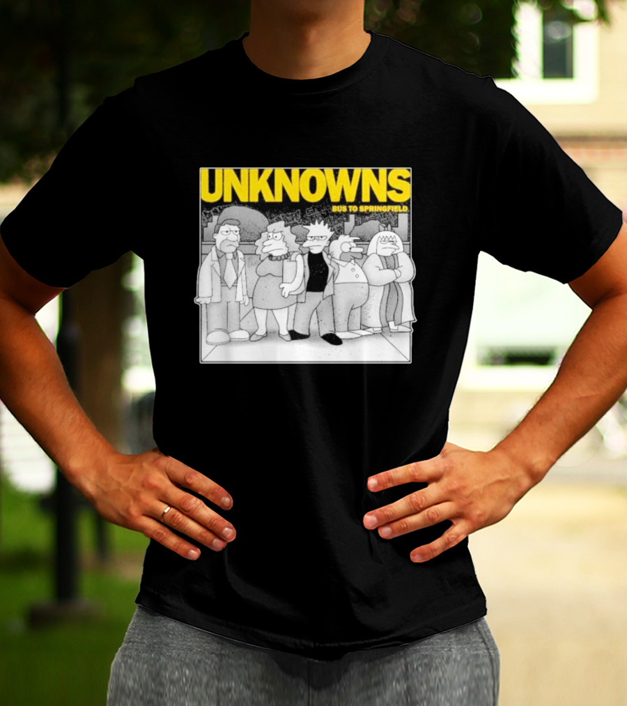Unknowns Bus To Springfield Cartoon Characters In Black And White Scene T-Shirt