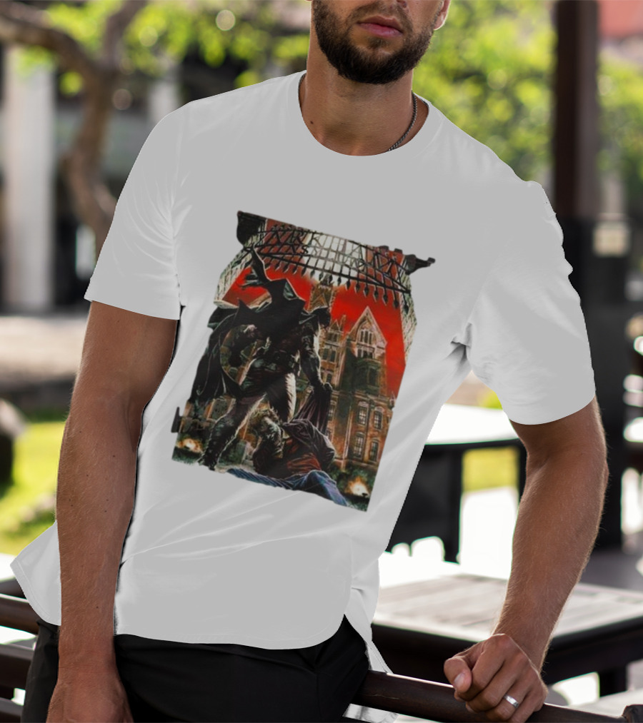 Batman Arkham Asylum Gothic Gate Dynamic Red Background Scene T-Shirt