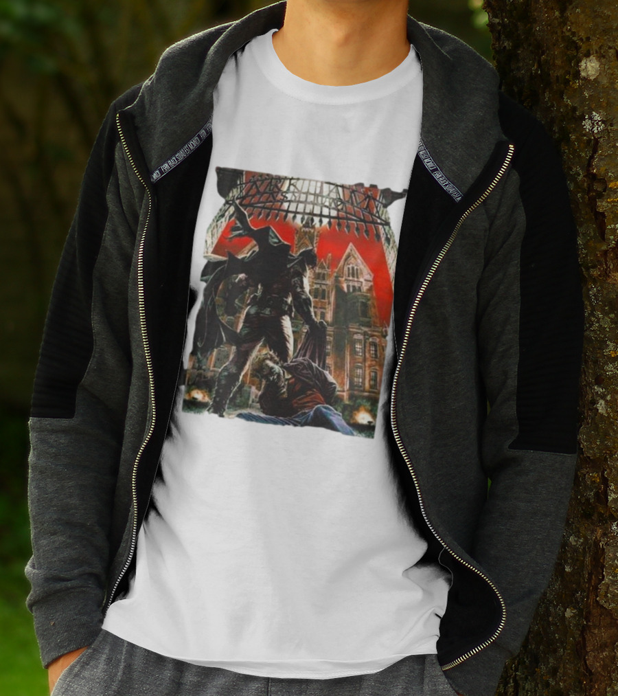 Batman Arkham Asylum Gothic Gate Dynamic Red Background Scene T-Shirt