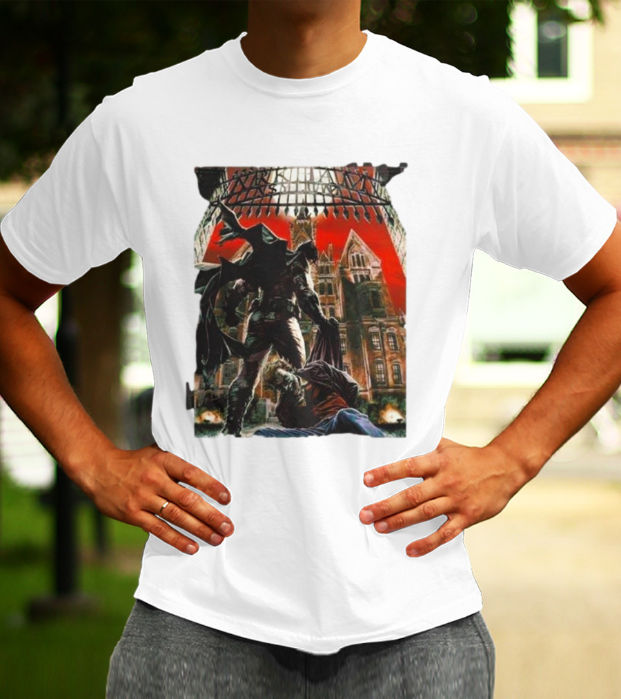 Batman Arkham Asylum Gothic Gate Dynamic Red Background Scene T-Shirt