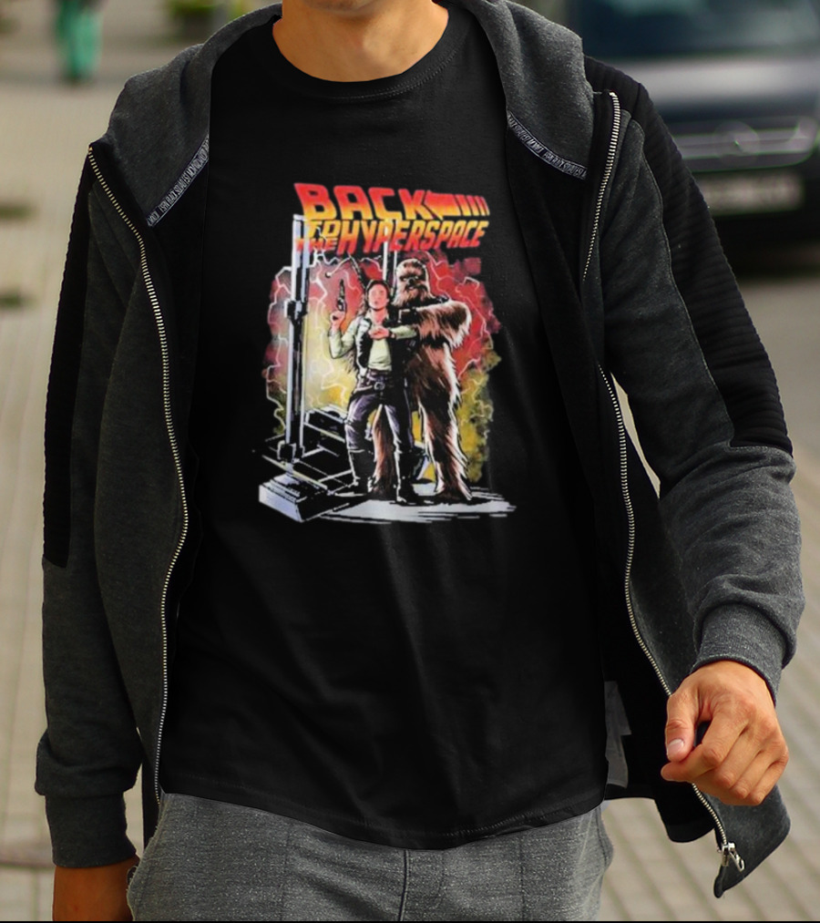 BACK TO THE HYPERSPACE Han Solo Chewbacca Crossover Retro Sci-Fi Adventure T-Shirt