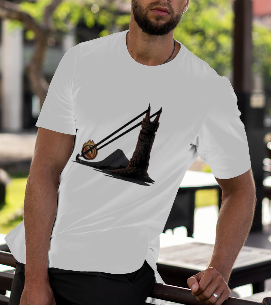 Dark Slingshot Eye Tower With Mountain In Background T-Shirt