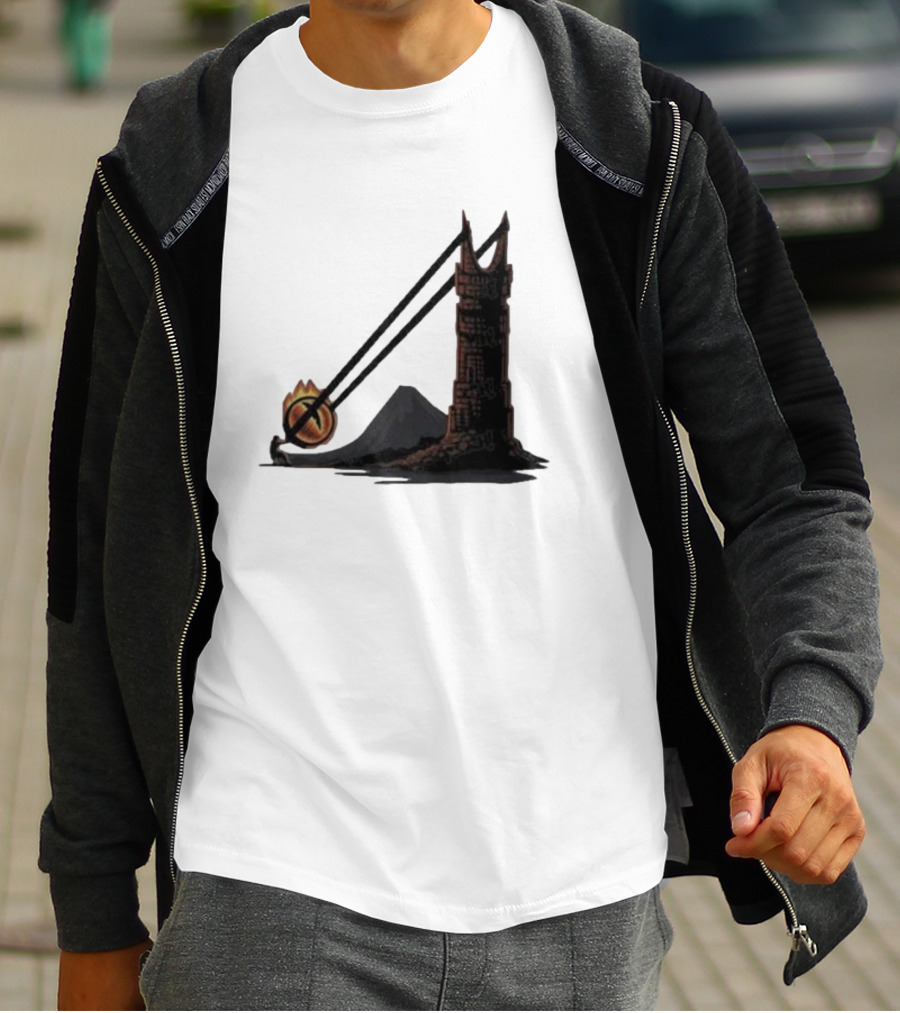Dark Slingshot Eye Tower With Mountain In Background T-Shirt
