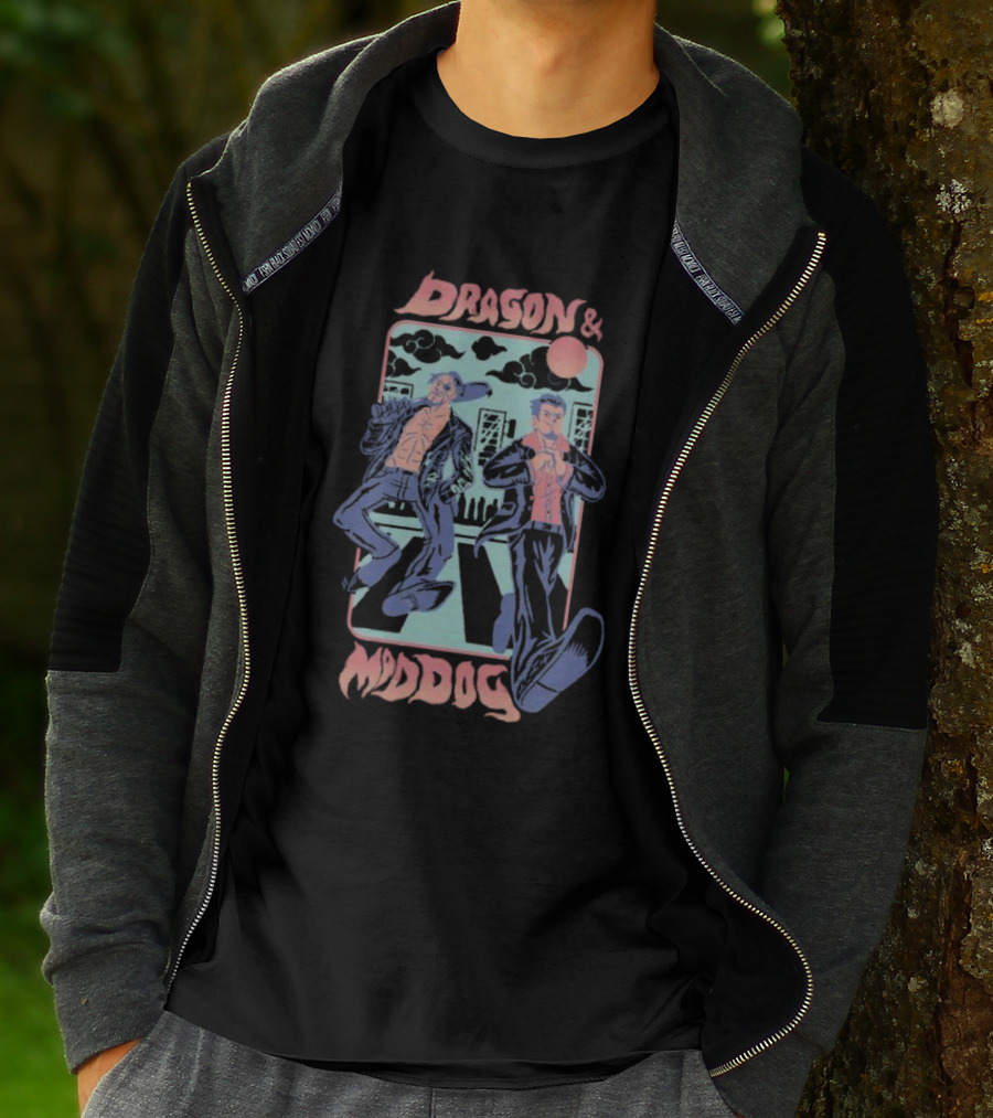 Dragon And Mad Dog Retro Cartoon Nighttime Adventure T-Shirt