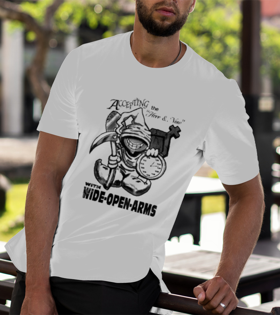 Accepting The Here And Now With Wide Open Arms Grim Reaper Holding Clock And Scythe T-Shirt