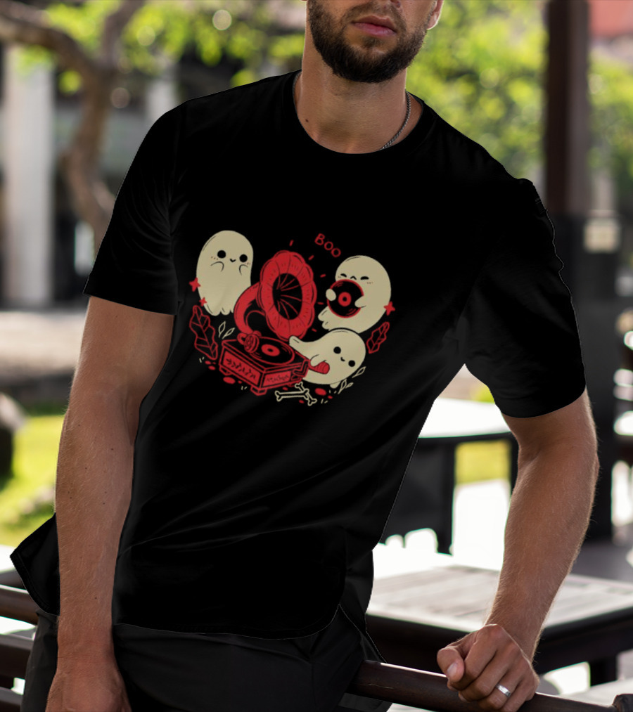 Boo Cute Gramophone Record Spooky Ghosts T-Shirt