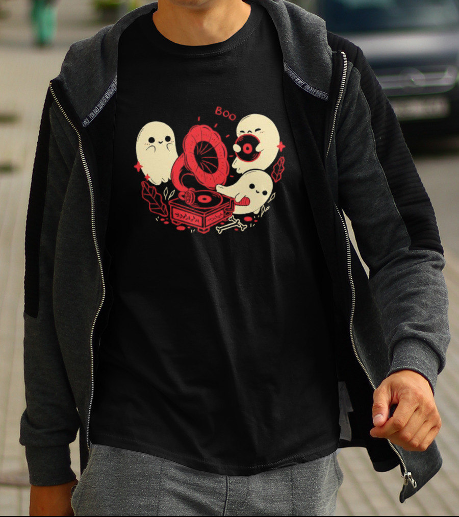 Boo Cute Gramophone Record Spooky Ghosts T-Shirt