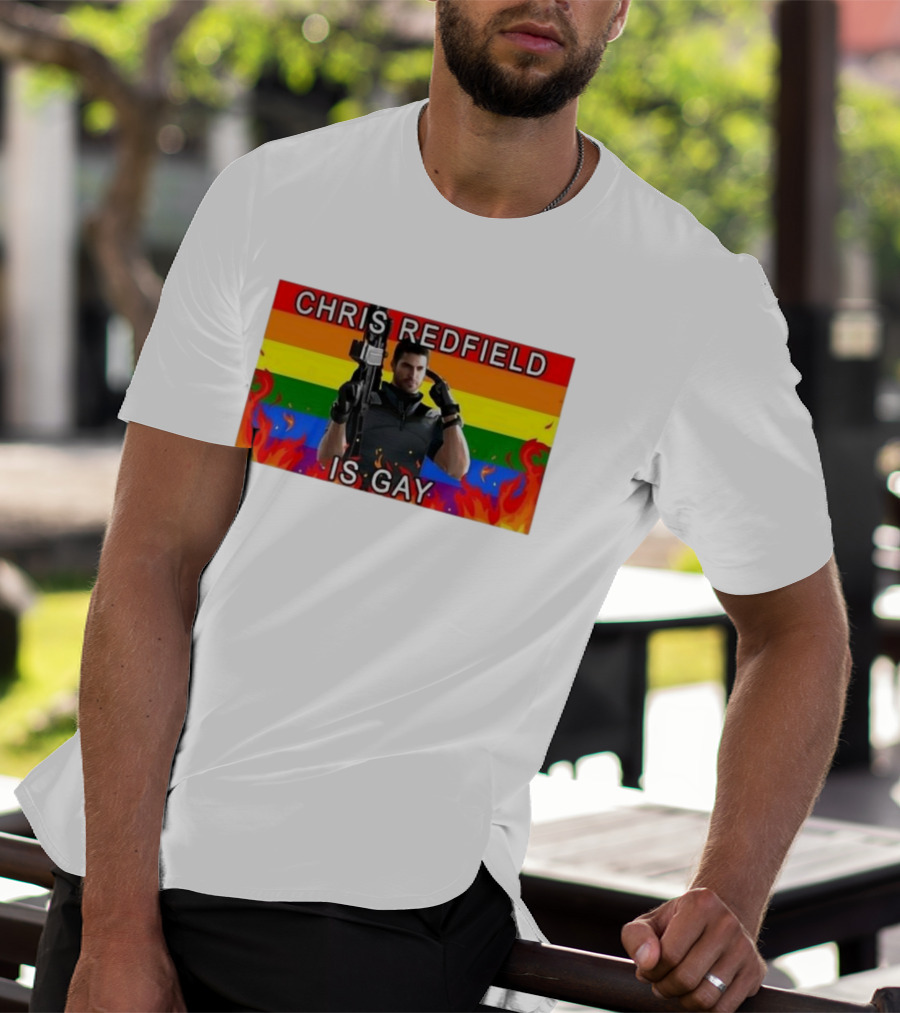 Chris Redfield Is Gay Rainbow Background Flames T-Shirt
