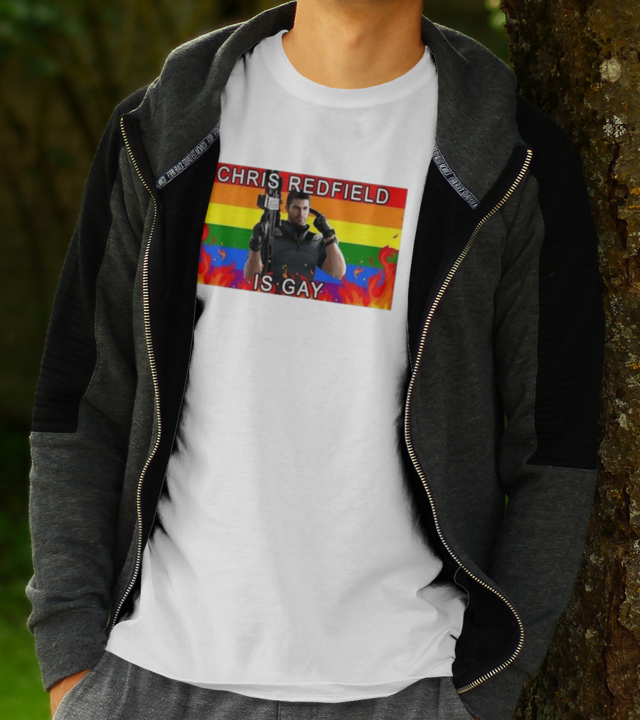 Chris Redfield Is Gay Rainbow Background Flames T-Shirt