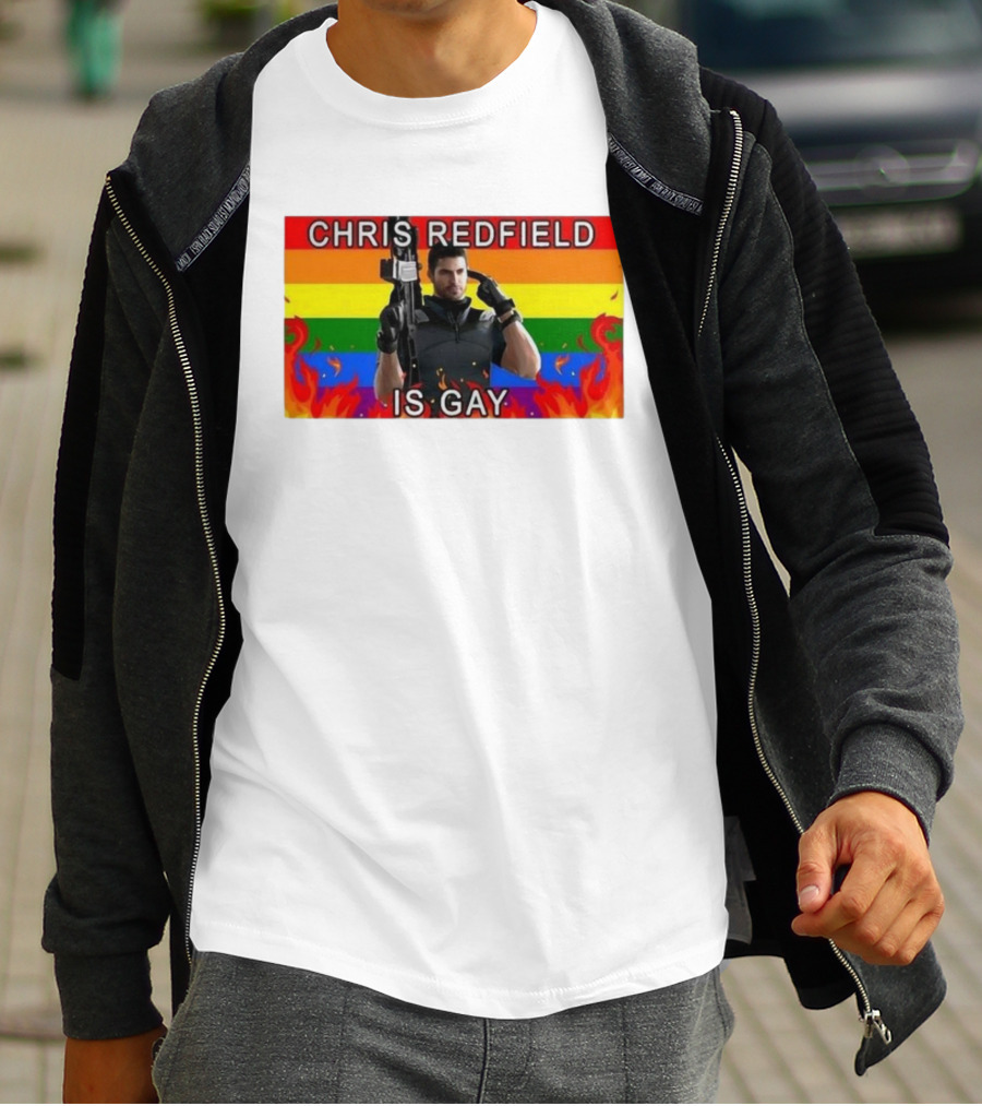 Chris Redfield Is Gay Rainbow Background Flames T-Shirt