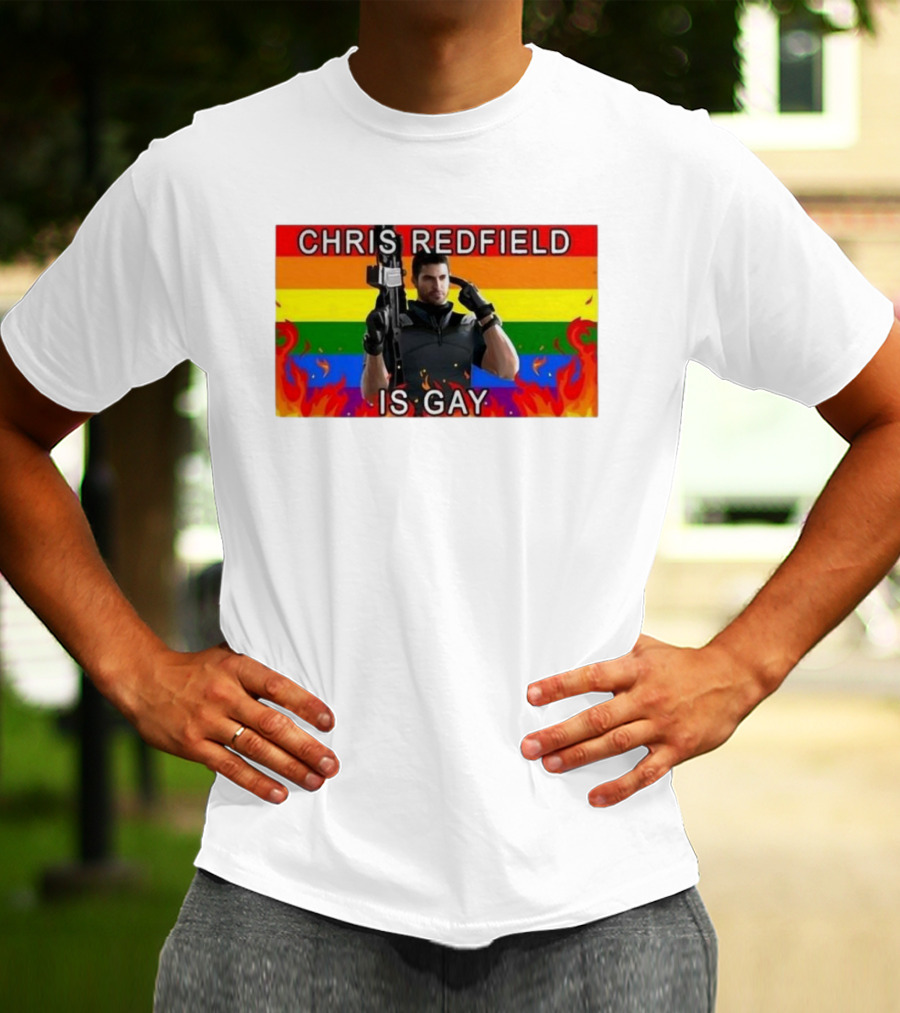 Chris Redfield Is Gay Rainbow Background Flames T-Shirt