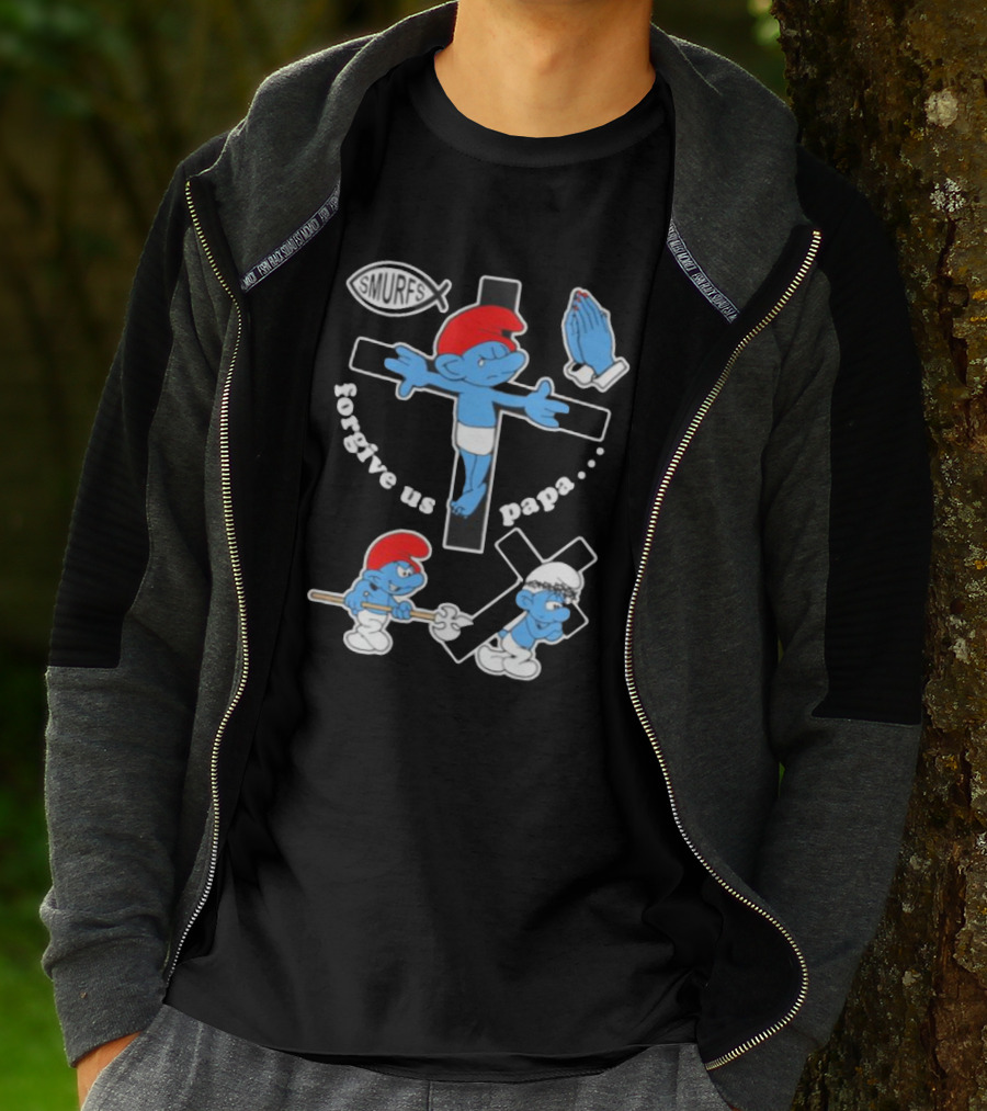 Forgive Us Papa Smurf Jesus Cross And Praying Hands T-Shirt