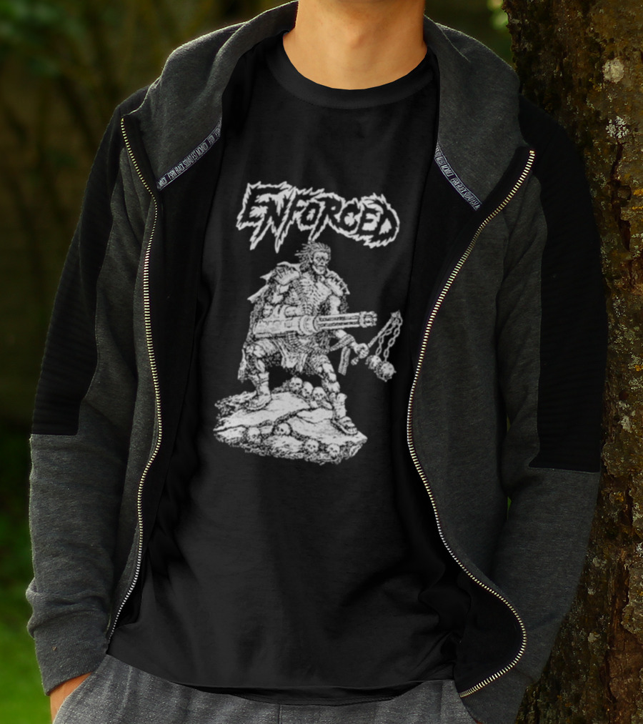 Enforced Sacrament Warrior With Spiked Chains And Machine Gun On Skull Mound T-Shirt