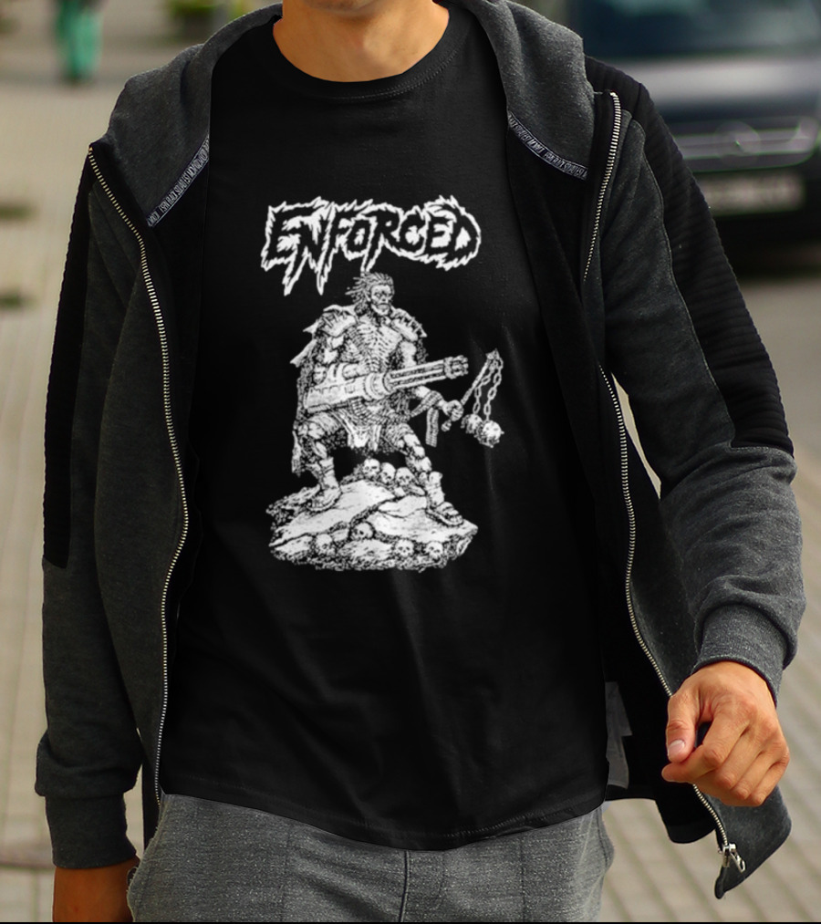Enforced Sacrament Warrior With Spiked Chains And Machine Gun On Skull Mound T-Shirt
