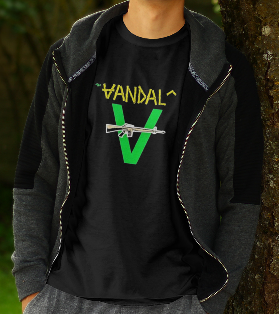 The Vandals Yellow Text Green V Rifle Image T-Shirt