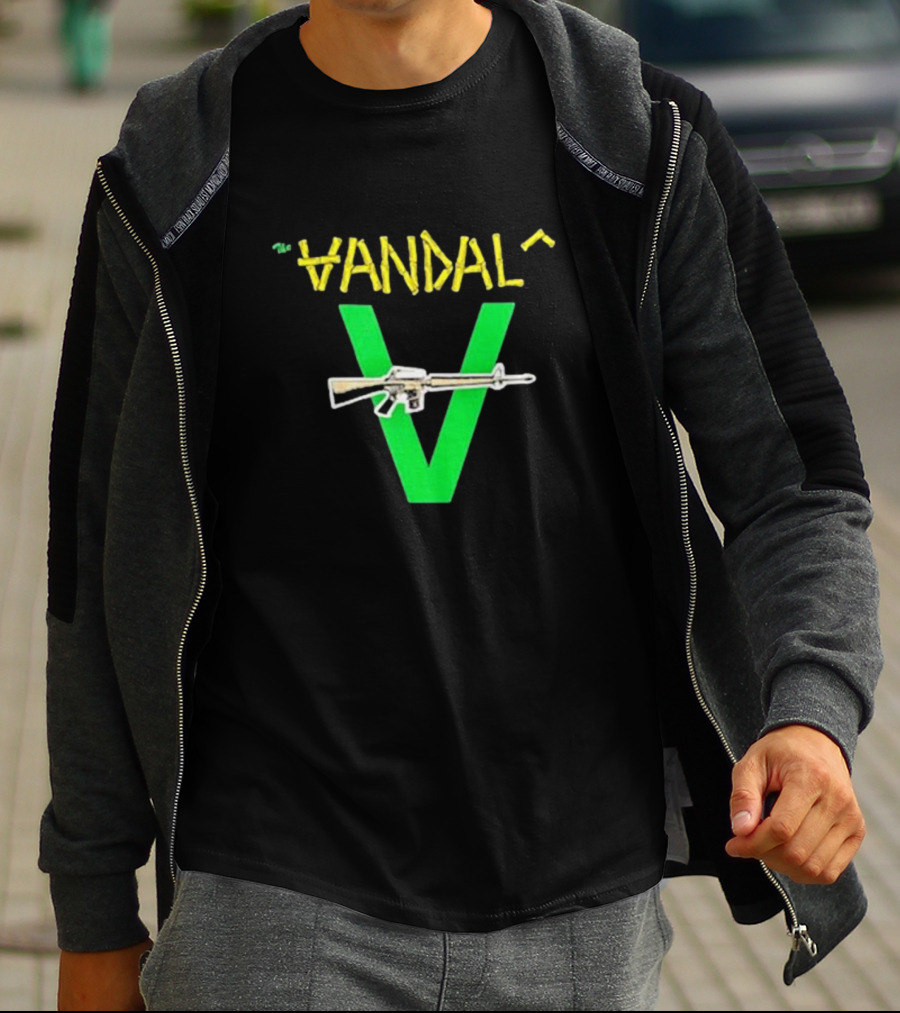 The Vandals Yellow Text Green V Rifle Image T-Shirt