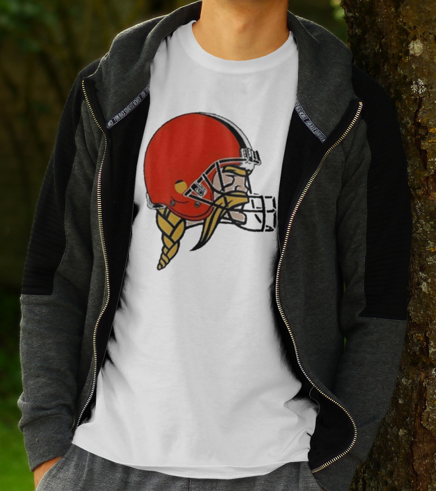 Quality Jay Cuda Browns Vikings Dual Logo Helmet T-Shirt