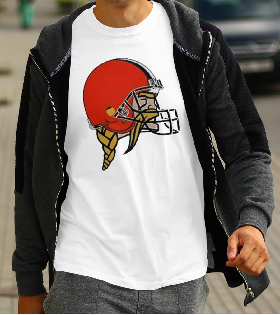 Quality Jay Cuda Browns Vikings Dual Logo Helmet T-Shirt