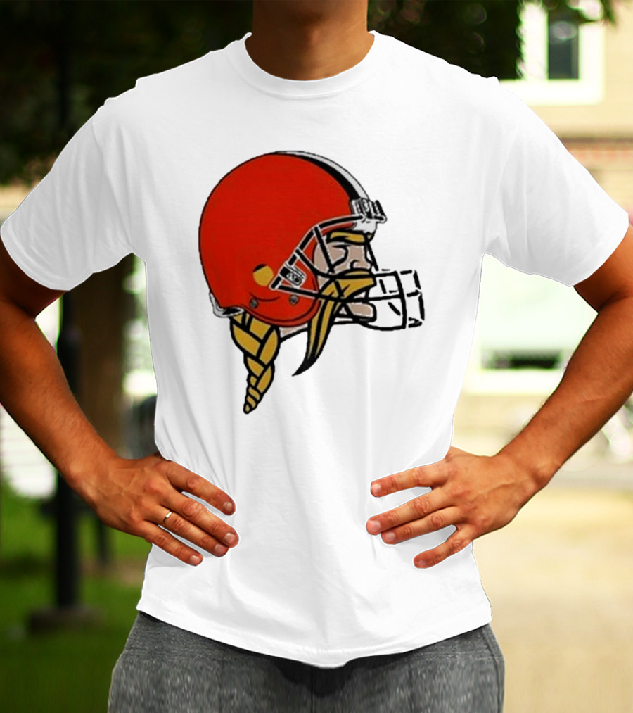 Quality Jay Cuda Browns Vikings Dual Logo Helmet T-Shirt