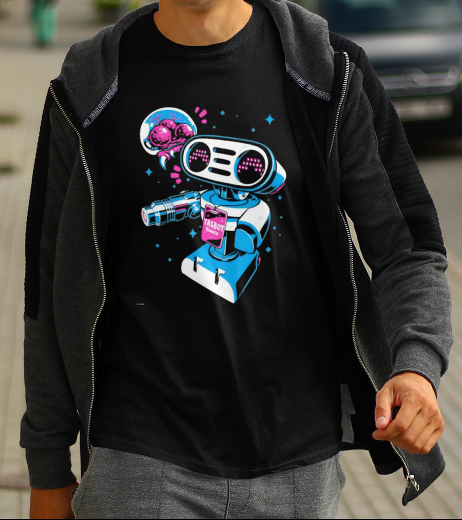 Tasbeam Tasbot Runner Robot With Alien Planet And Retro Sci-Fi Elements T-Shirt