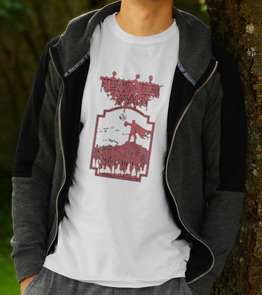 Tormentor Tyrant Red Figure Standing Amidst Crowd Under Moon T-Shirt
