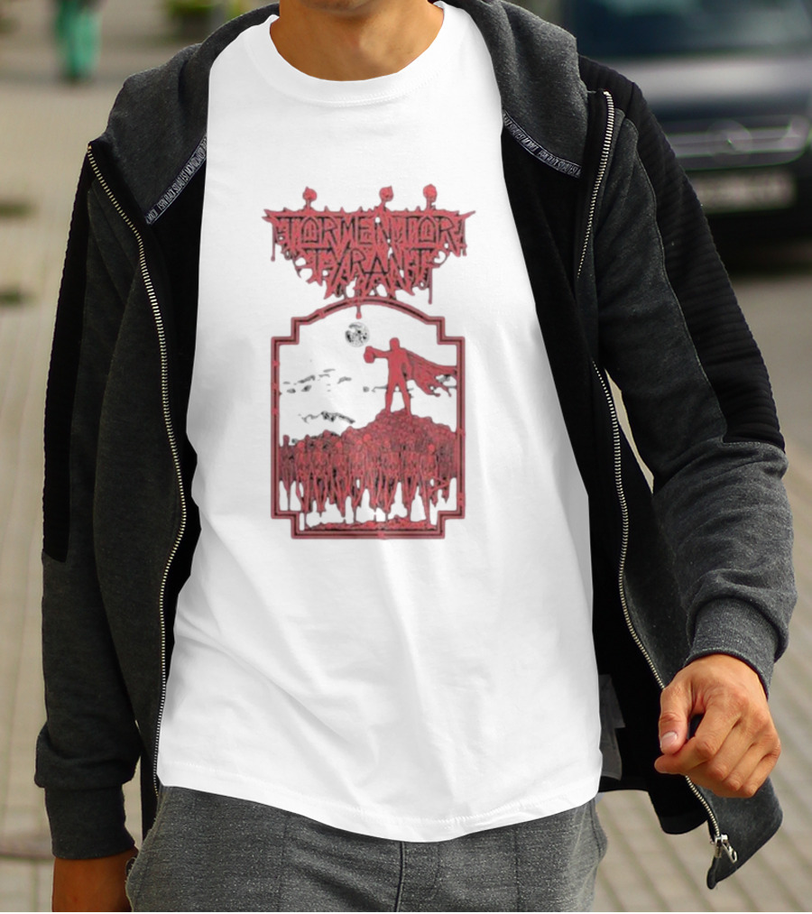 Tormentor Tyrant Red Figure Standing Amidst Crowd Under Moon T-Shirt