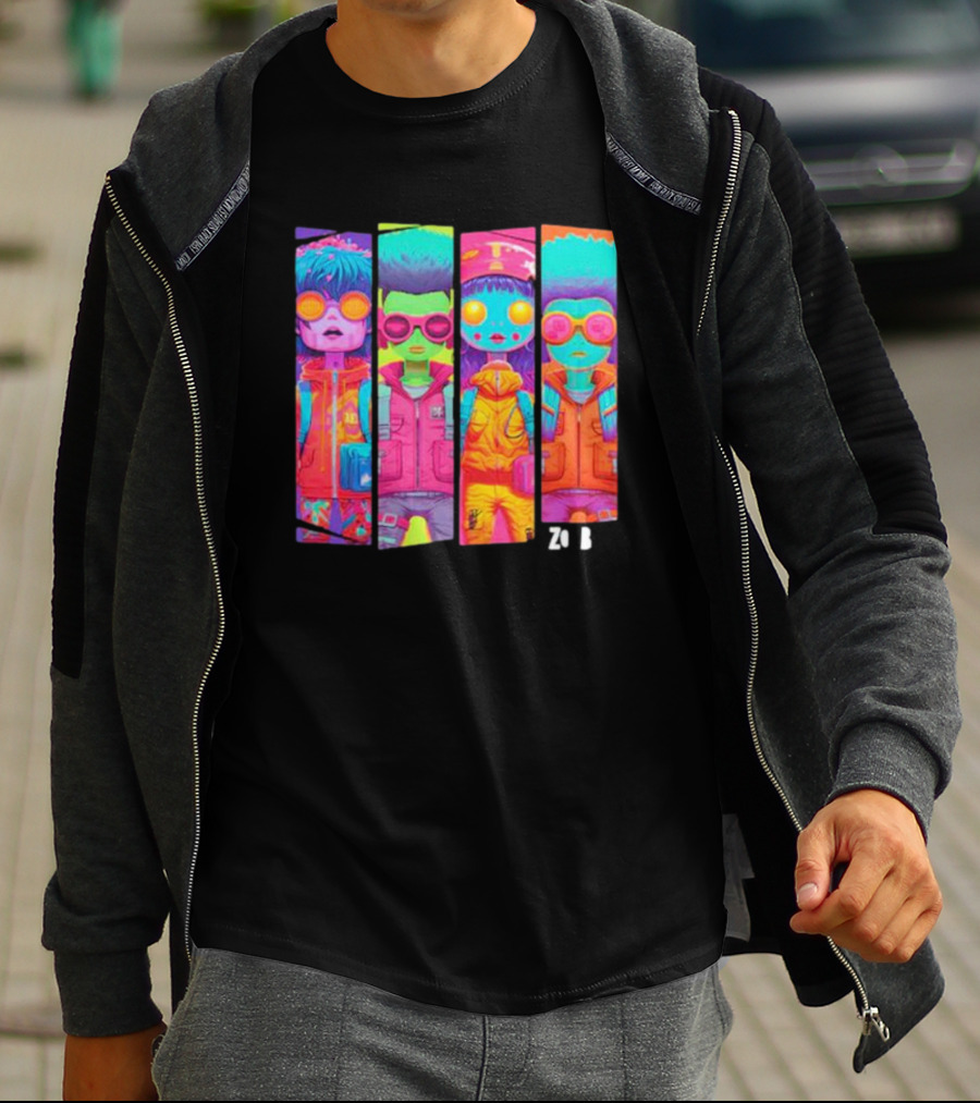 Zombie Quad Neon Colorful Character Stripes ZO B T-Shirt
