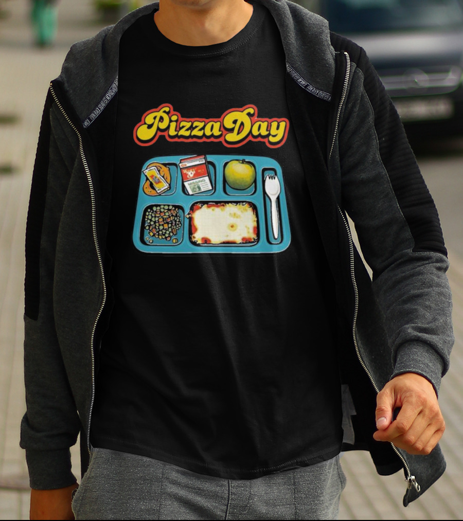 S7s Pizza Day Cafeteria Lunch Tray With Pizza, Milk, Apple, Cookies, Fork, And Vegetables T-Shirt