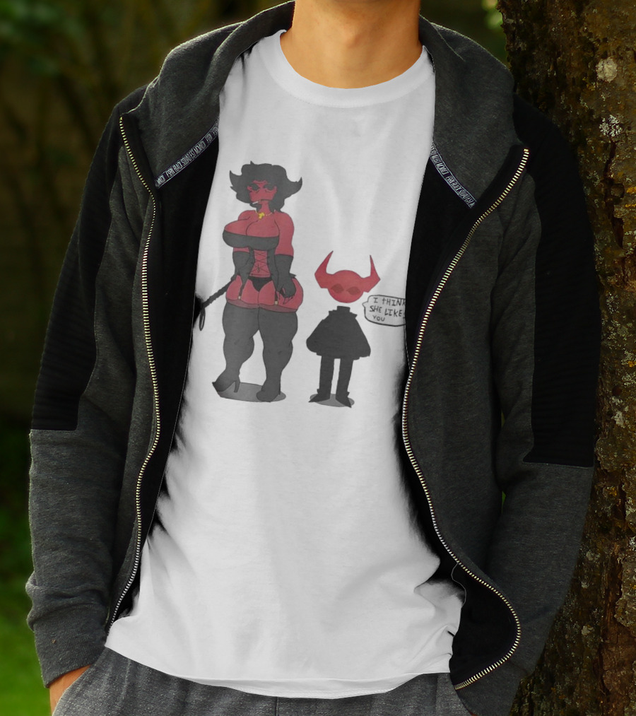 Thewboy I Think She Likes You Dark Humorous Cartoon Characters T-Shirt