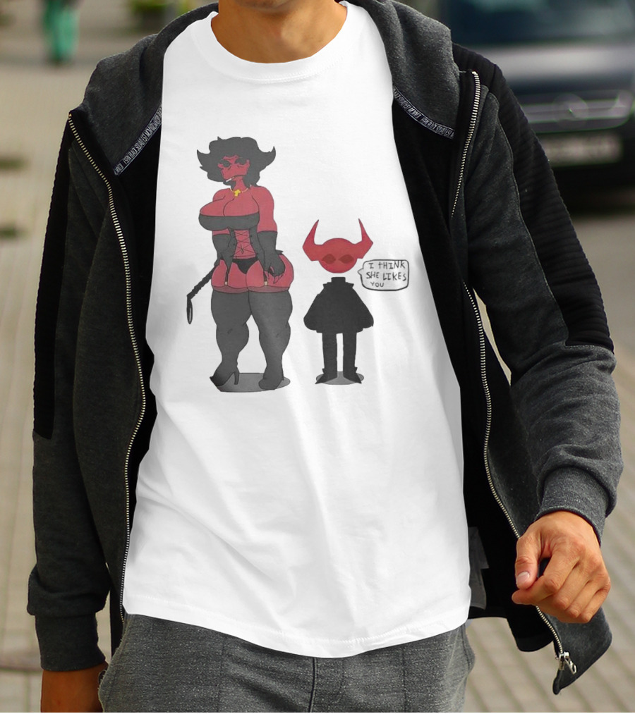 Thewboy I Think She Likes You Dark Humorous Cartoon Characters T-Shirt