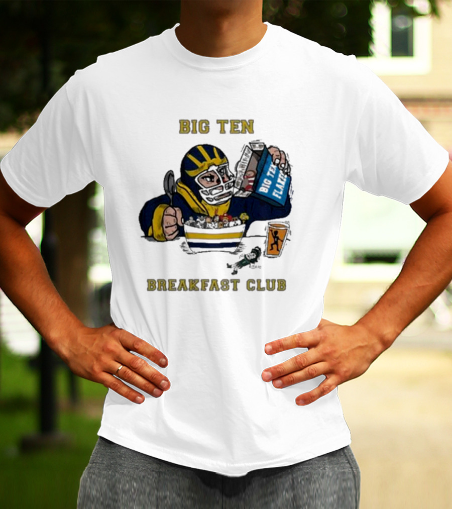 Big Ten Breakfast Club Michigan Wolverines Player Eating Cereal With Blue Box And Orange Cup T-Shirt