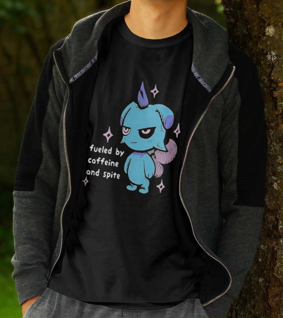 Palworld Fueled By Caffeine And Spite Blue Creature With Pink Stars T-Shirt