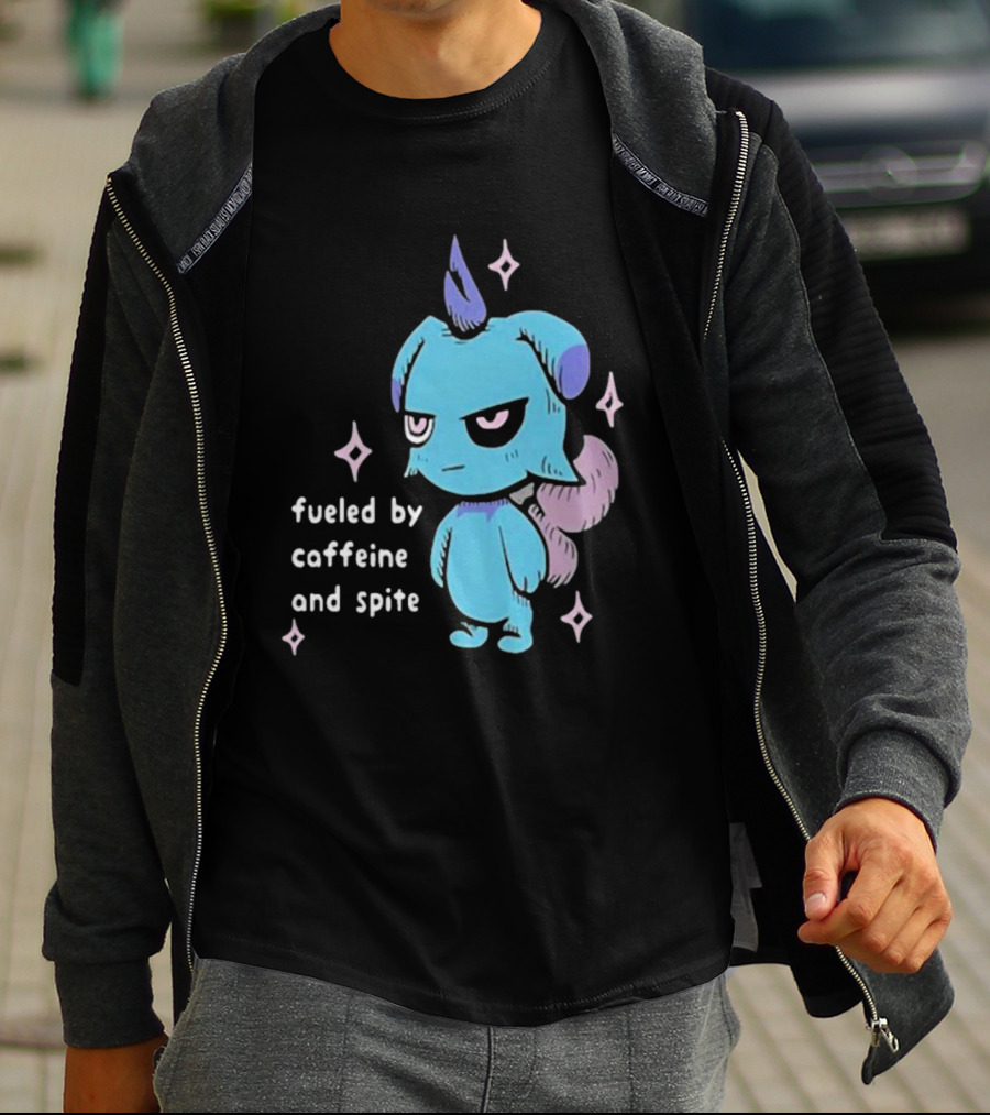 Palworld Fueled By Caffeine And Spite Blue Creature With Pink Stars T-Shirt