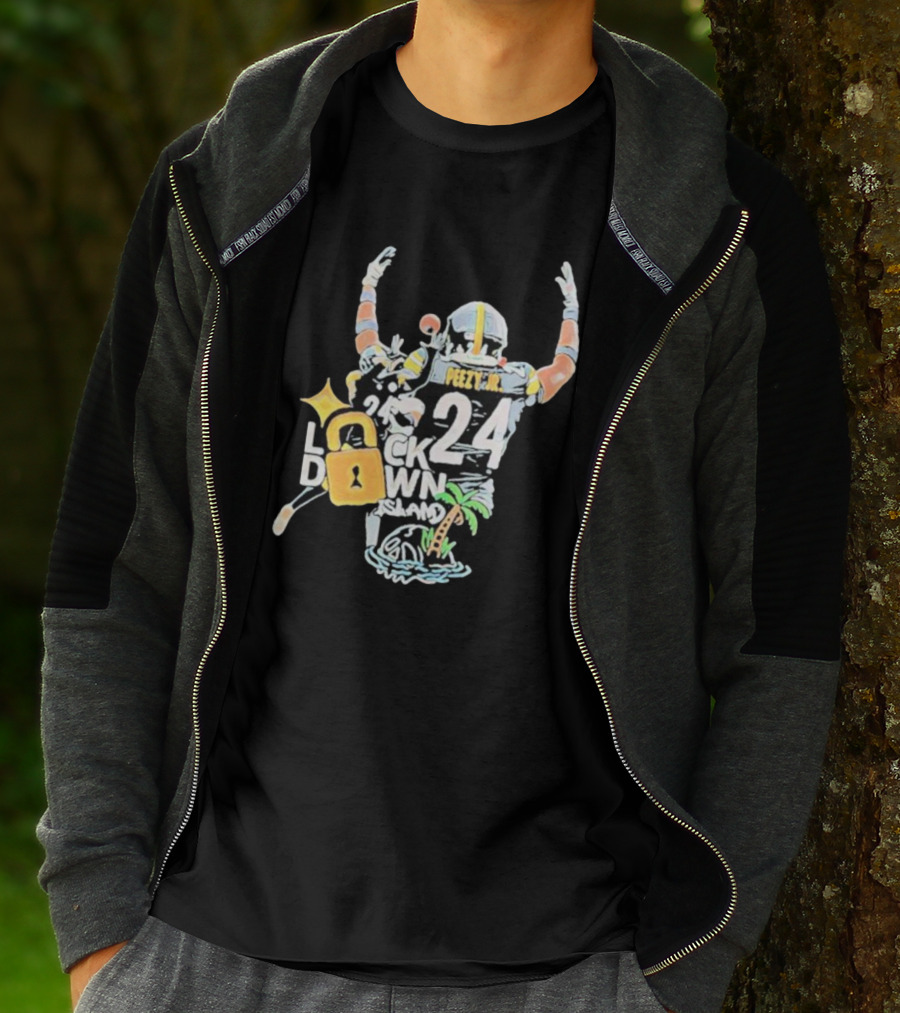 Peezy Jr 24 Lock Down Island Football Celebration With Palm Tree And Lock T-Shirt